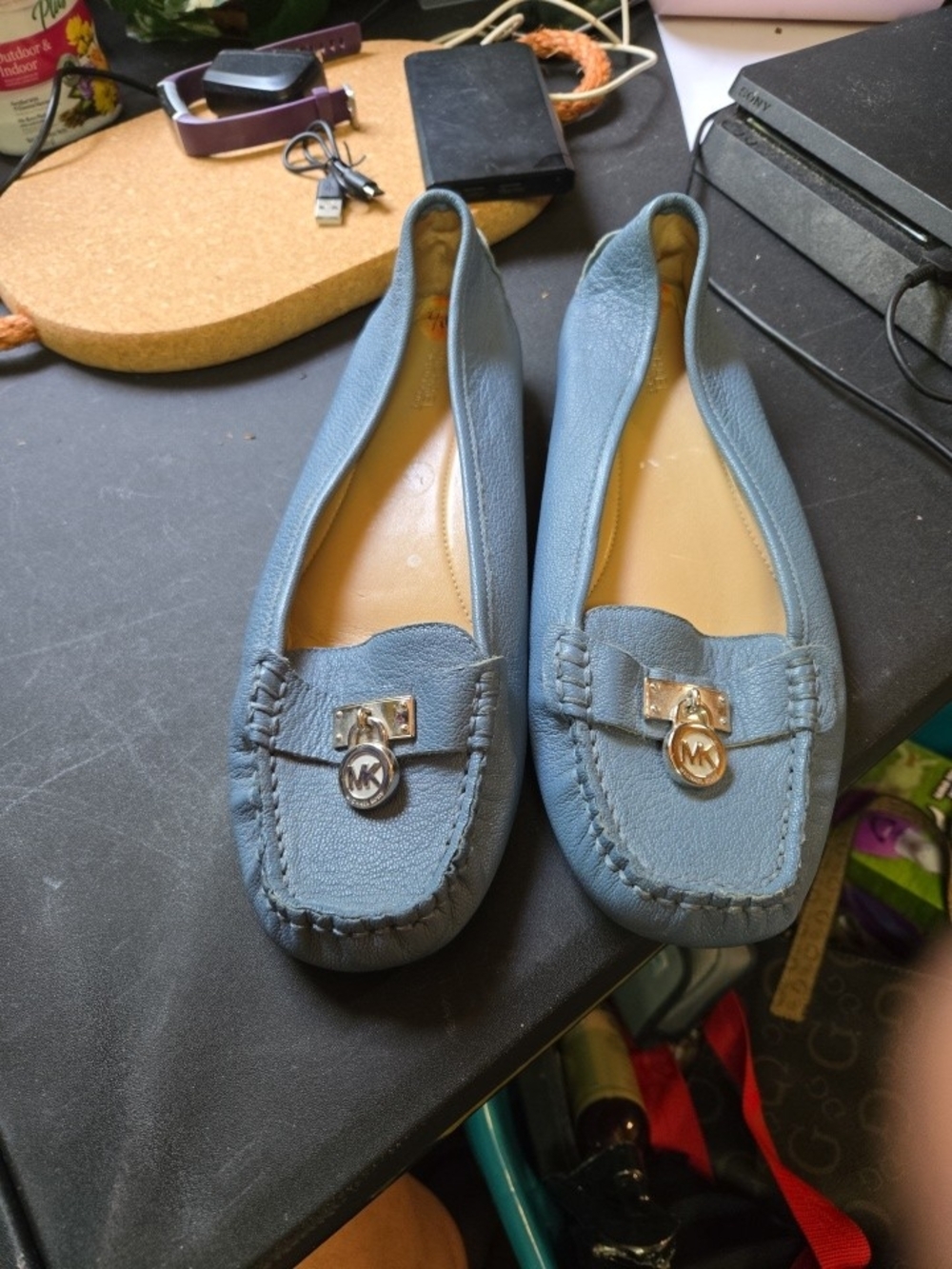 Michael Kors Light Blue Leather Moccasins with Gold MK Charm